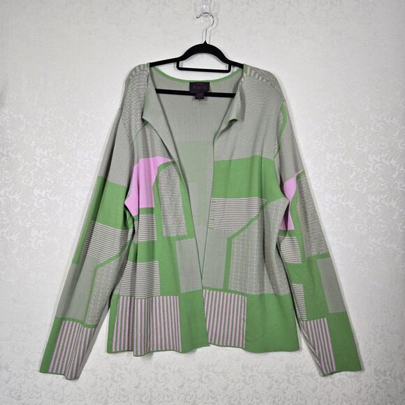 Kayla by Tally Taylor Knit Cardigan Jacket 22 Pink Green Open Front Long Sleeve - Picture 12 of 12